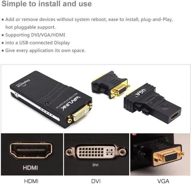 Alt view image 2 of 5 - USB 2.0 to DVI/VGA/ Video Graphics Display Adapter (HDTV CRT LCD Projector) displaylink Supports Windows 10/8.1/8/7