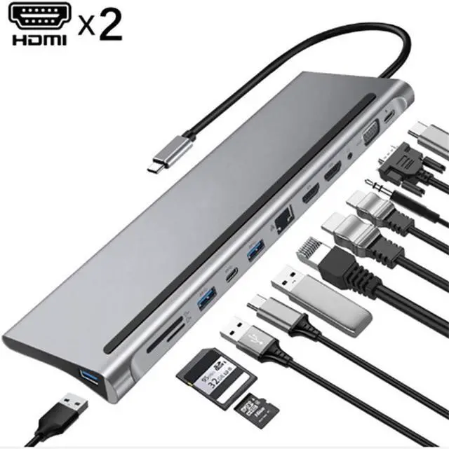 Main image of 12 in 1 Type-c to Dual /VGA/USB 3.0 Hub/PD/RJ/Micro-SD/TF Card Dock Adapter High Resolution Multifunctional Cable Hub