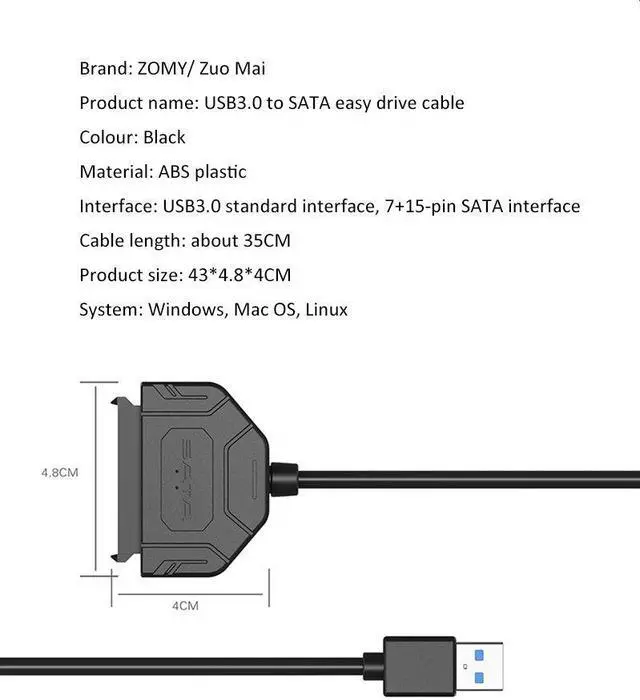 Alt view image 2 of 5 - 3.0 to Sata 3.5 2.5 Hard Drive Adapter Cable for Samsung Seagate WD HDD SSD For Windows 98/2000/XP/Vista/Windows 7/8 OS