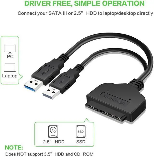 Alt view image 5 of 5 - to USB Cable 22 Pin to Dual USB 3.0 Adapter Converter 2.5 HDD Hard Disk Serial Port Laptop Computer Connectors 23cm