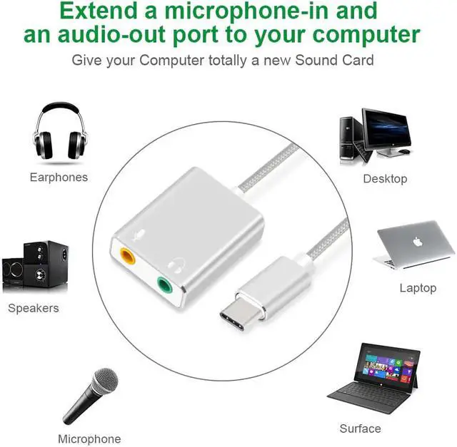 Alt view image 3 of 5 - Type C Type-C External Sound Card Adapter Audio Card -C to Jack 3.5mm Earphone Micphone for Laptop Macbook Pro
