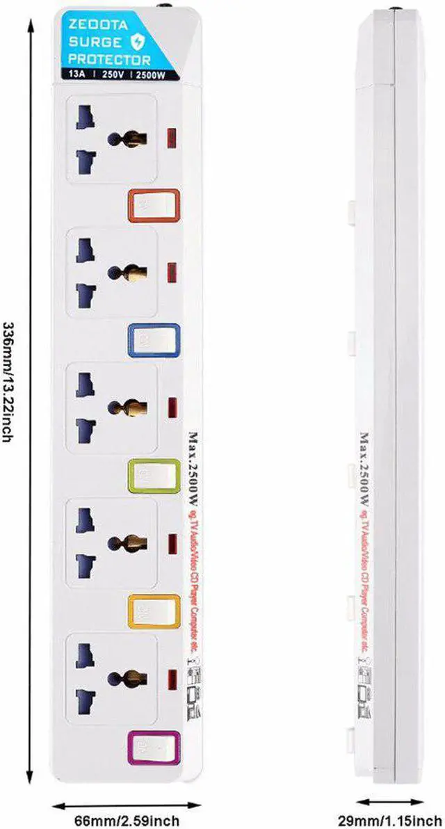 Alt view image 2 of 5 - Lead Power Strip Cord Individual Switched Outlet Overload Surge Protector Universal Plug Sockets 2500W/13A 1.8m Cable