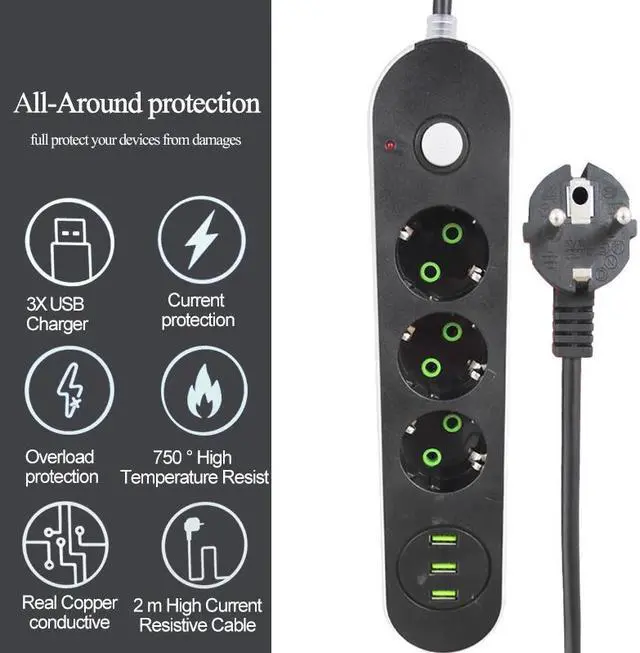 Alt view image 5 of 5 - 2 Round Pin EU RUS Plug Power Strip Switch Universal Outlets 3 USB Electrical Extension 1.8M  Cable Network filter for Phones