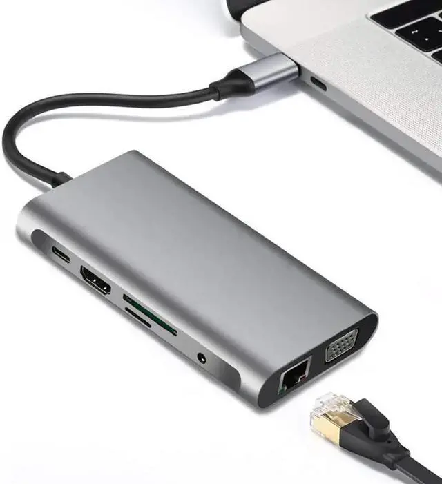 Alt view image 4 of 5 - HUB C 10 in 1 Thunderbolt 3 Type C Adapter Dock 3  3.0 Port 4K HDMI 1080P VGA RJ45 Gigabit Ethernet For Macbook Pro