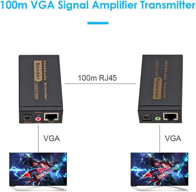 Alt view image 5 of 5 - 100M 328ft VGA Video Audio Extender Over Single RJ45 CAT5e/6 1080P Network Extension adpater Lightning protection