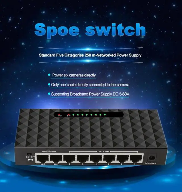 Main image of 8 Port Spoe Switch 250M SPOE Power Over Ethernet Switch 90W Power Adapter for Network IP Cameras Or Wireless AP/ 6 PoE Splitter