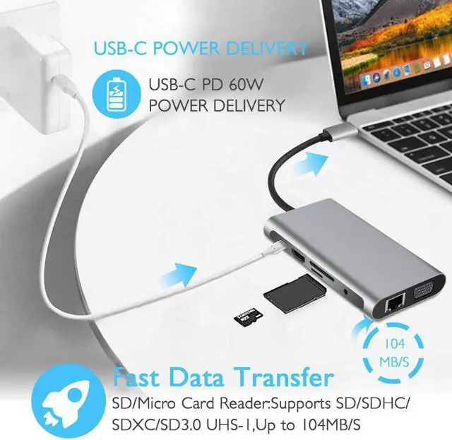 Alt view image 3 of 5 - Vga Adapter Hub  Vga 10 in 1 Type C Adapter USB 3.0 Port 4K   VGA RJ45 Gigabit Ethernet For Macbook Pro