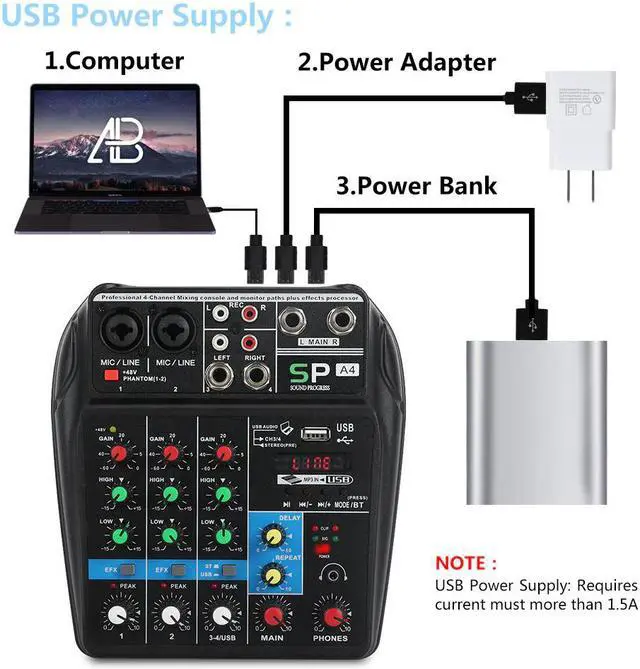 Alt view image 4 of 5 - A4 4Channels Audio Mixer Sound Mixing Console with Bluetooth USB Record 48V Phantom Power Monitor Paths Plus Effects Use