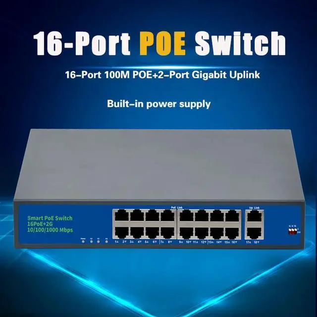 Alt view image 3 of 5 - 16 Port POE Ethernet Network Switch+2 Port Gigabit Uplink Fast Switch with Metal Shell For CCTV IP Monitoring Camera Power  250M