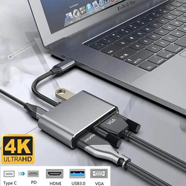 Alt view image 2 of 5 - 4IN1 Type C To HDMI 4K Adapter 1080P VGA Audio Video Converter PD 87W Fast Charger Adapter Dongle Dock Cable For Macbook