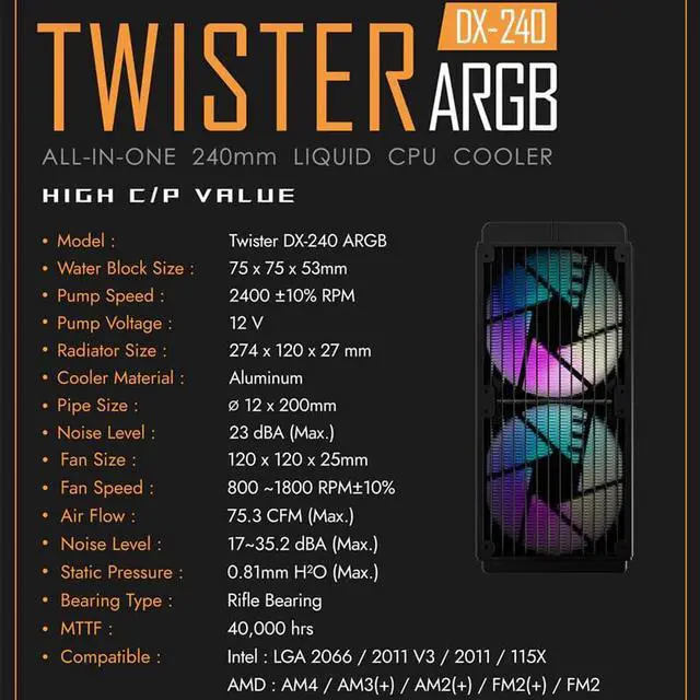 Alt view image 4 of 5 - DX Water Cooling CPU Cooler ARGB sync Computer Water Cooler Heatsink CPU Cooling Radiator LGA 2066/1151/2011/AM3+/AM4