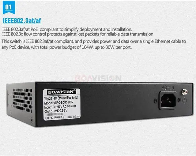 Alt view image 3 of 5 - 8 Port PoE Switch Adapter 8+2 Port Desktop Fast Ethernet Switch IEEE802.3af/at 104W For CCTV Network IP Cameras POE Powered