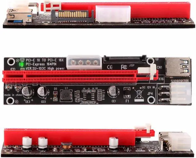 Alt view image 3 of 5 - 6PCS VER103C 3in1 Power PCI-E Riser Card LED 4pin 6pin Sata 15pin Express 1x to 16x 60CM Extension Cable for Bitcoin Miner