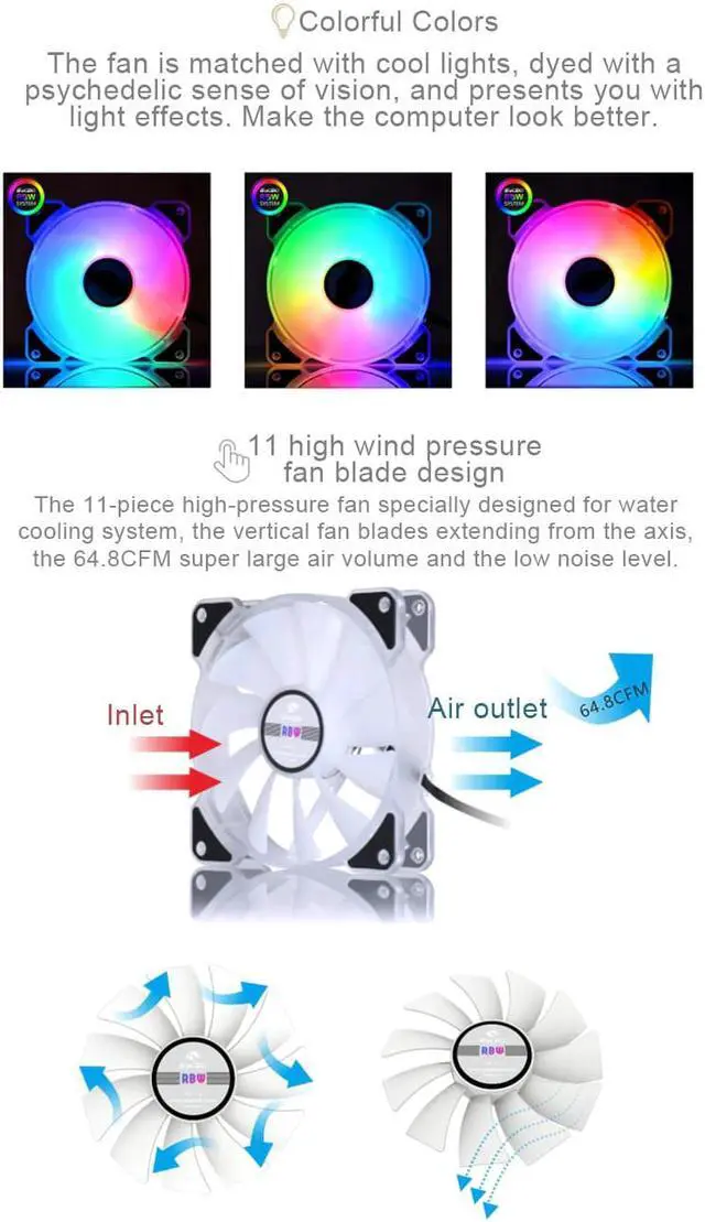 Alt view image 3 of 5 - Water Cooling Radiator Fan Computer PC Case A-RGB Fan 120mm LED Light 5v Controller Heatsink Cooler Support Adjust Speed
