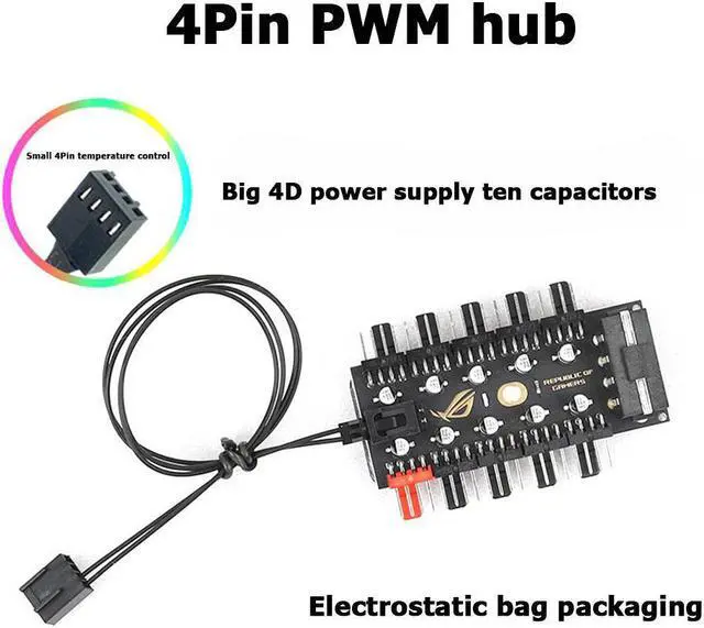Alt view image 5 of 5 - 1 to 10 4 Pin PWM Cooler Fan HUB Splitter Extension PC Speed Control Board big 4pin power supply/SATA power supply