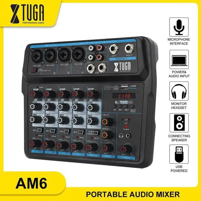 Main image of AM6 6 Channel Mini Audio Mixer DJ Console with Sound Card,Bluetooth,USB, 48V Phantom Power for PC Recording Singing Party