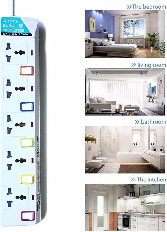 Alt view image 5 of 5 - Lead Power Strip Cord Individual Switched Outlet Overload Surge Protector Universal Plug Sockets 2500W/13A 1.8m Cable