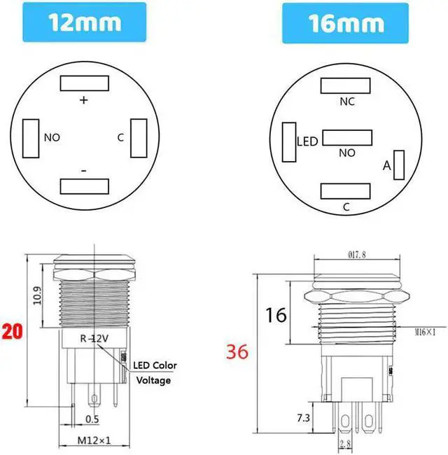 Alt view image 5 of 5 - 12/16/19/22mm Waterproof Metal Push Button Switch LED Light Momentary Latching Car Engine Power Switch 5V 12V 24V 220V Red Blue