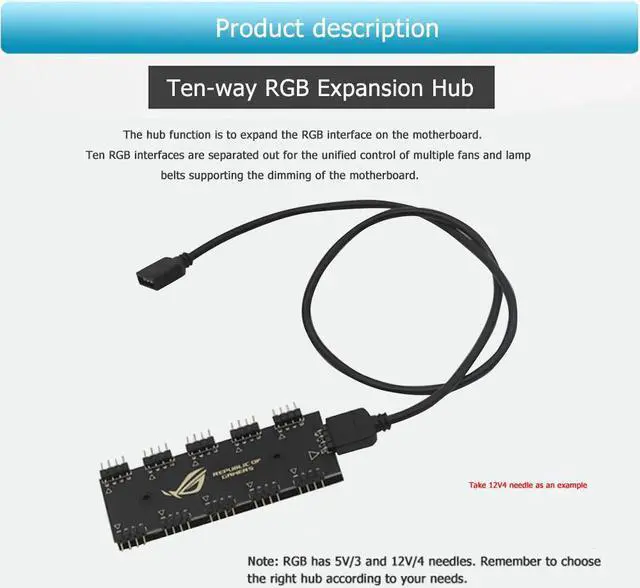 Alt view image 5 of 5 - 5V 3Pin/12V 4Pin RGB Synchronization HUB Splitter 1 to 10 RGB SYNC Extension Cable for AURA Sata Type Hub RBG