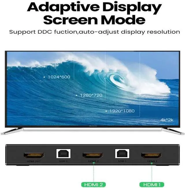 Alt view image 5 of 5 - HDMI KVM Switch 2 Port 4K USB Switch KVM VGA Switcher Splitter Box for Sharing Printer Keyboard Mouse KVM Switch HDMI VGA