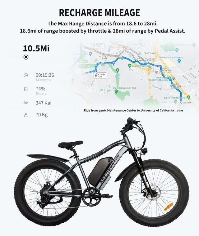 Alt view image 7 of 7 - AOSTIRMOTOR INC S07-MAX 1000W Electric Bike, 26" * 4" Fat Tire, 48V 20AH Removable Lithium Battery,Shimano 7-Speed, Front Fork Suspension(GRAY)