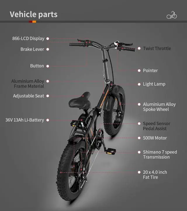 Alt view image 2 of 6 - AOSTIRMOTOR Electric Bike Folding A20 500W for Adults , 20" * 4" Fat Tire, with 48V 13AH Removable Lithium Battery, Travel Up to 20 Miles, Max Speed Up to 25 MPH(Black)