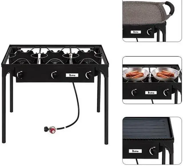 Alt view image 6 of 7 - Outdoor Camp Stove High Pressure Propane Gas Cooker Portable Cast Iron Patio Cooking Burner (Three Burner 225000-BTU)