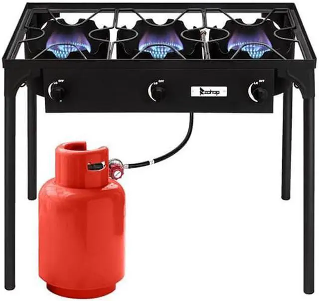 Alt view image 2 of 7 - Outdoor Camp Stove High Pressure Propane Gas Cooker Portable Cast Iron Patio Cooking Burner (Three Burner 225000-BTU)