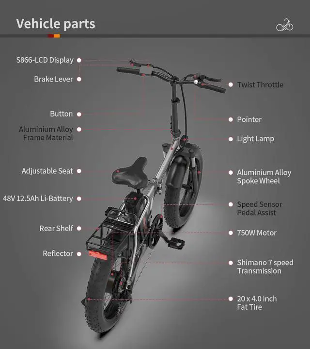 Alt view image 2 of 7 - AOSTIRMOTOR A30 750W Electric Bike, 20" Fat Tire, 48V 13AH Removable Lithium Battery, Max Speed 28MPH, Shimano 7-Speed, Front Fork Suspension