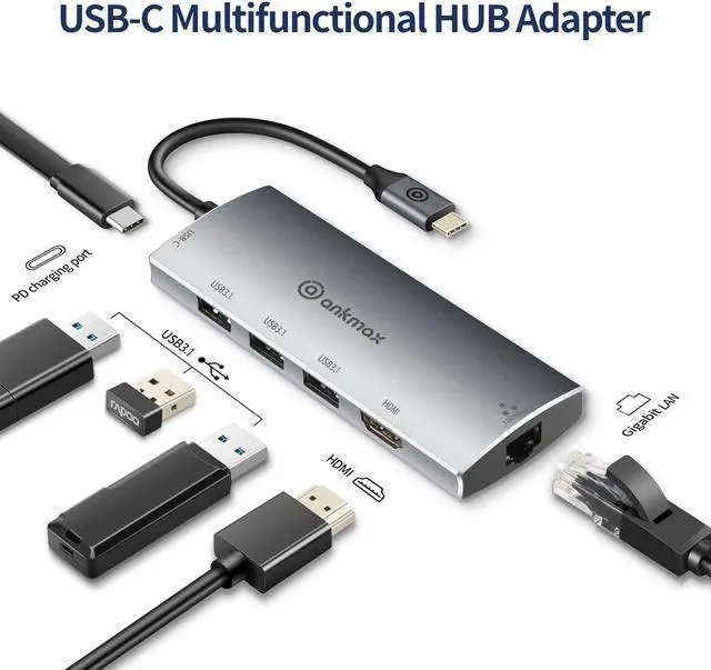 Alt view image 2 of 8 - USB C Hub Ethernet Adapter Ankmax P631HG USB Type C multiport Hub with 4K HDMI, 1Gbps Ethernet Port, 3 USB 3.1, PD Charging for MacBook Pro /Air, iPad Pro and Type C Thunderbolt 3 Laptops
