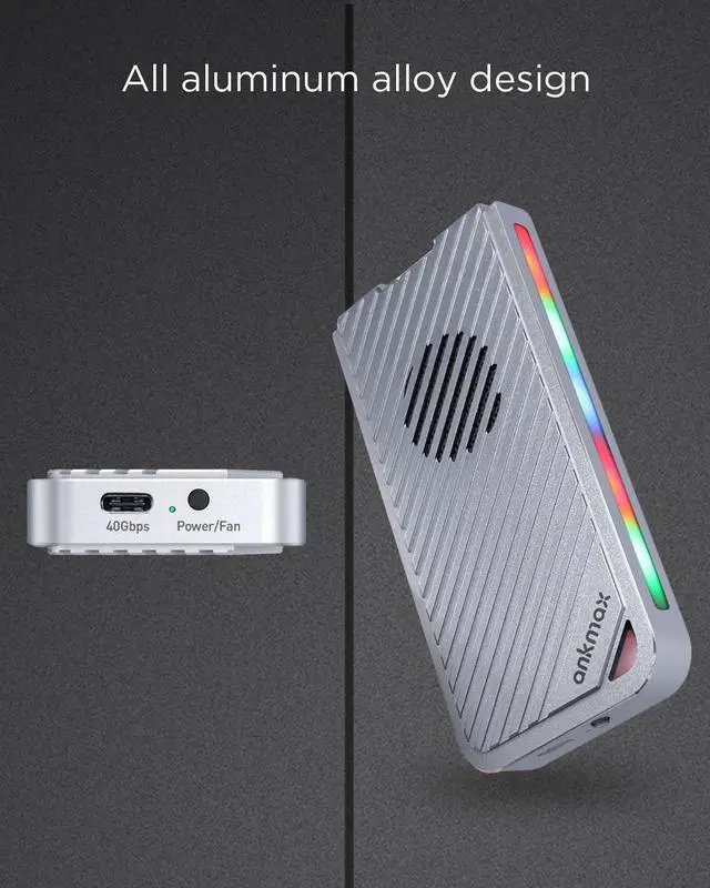 Alt view image 5 of 7 - ANKMAX USB4 SSD Enclosure with Fan and RGB Light for NVMe M.2 SSD, UC4M3 USB4.0 Type-C 40Gbps Interface Compatible with Thunderbolt 3/4 USB4.0/3.1/3.0, Tool-Free Aluminum External Hard Drive Enclosure