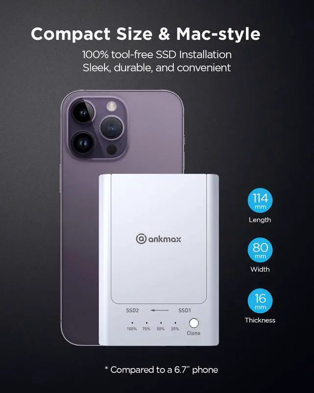 Alt view image 5 of 7 - Ankmax NVMe M.2 Duplicator M2U32C Dual-Bay Offline Clone SSD Docking Station, Tool-Free Aluminum 2bay External SSD Enclosure USB3.2 10Gbps, Support One-Key System Disk Cloner