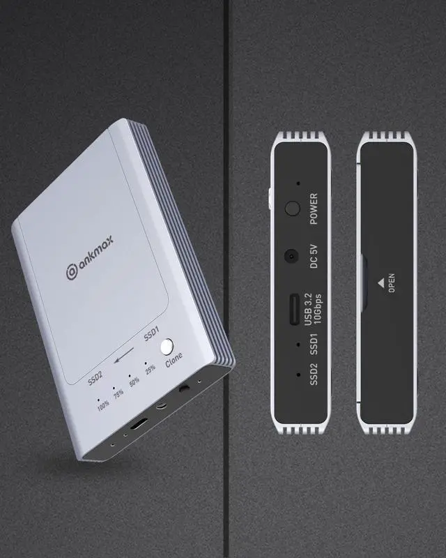 Alt view image 7 of 7 - Ankmax NVMe M.2 Duplicator M2U32C Dual-Bay Offline Clone SSD Docking Station, Tool-Free Aluminum 2bay External SSD Enclosure USB3.2 10Gbps, Support One-Key System Disk Cloner