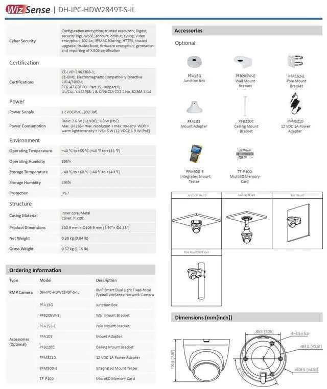 Alt view image 6 of 6 - Dah,ua 8MP WizSens IPC-HDW2849T-S-IL Full Color+IR IP Camera Dual Light Mic