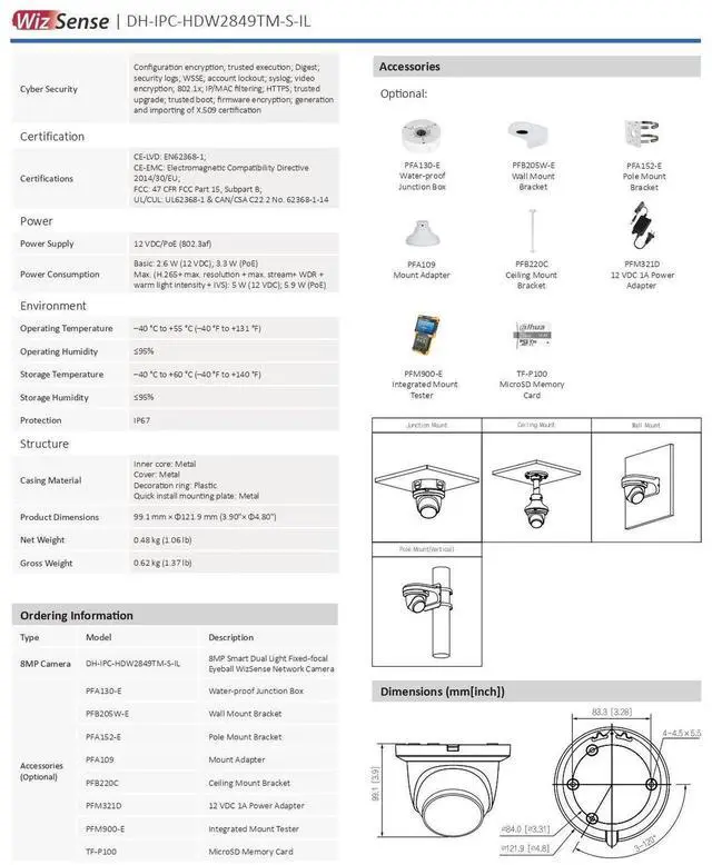Alt view image 7 of 7 - Dah,ua 4K Full Color IP Camera 8MP WizSense Smart Dual Light IPC-HDW2849TM-S-IL