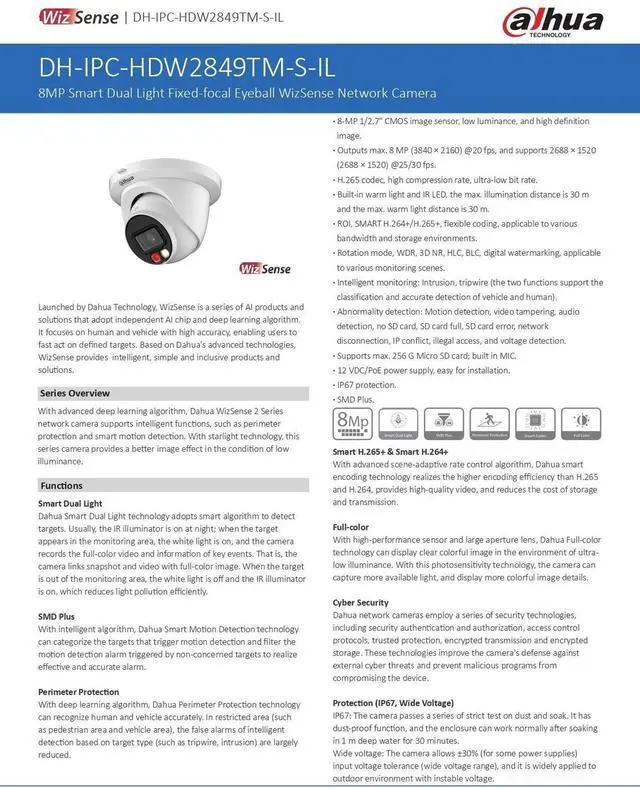 Alt view image 5 of 7 - Dah,ua 4K Full Color IP Camera 8MP WizSense Smart Dual Light IPC-HDW2849TM-S-IL