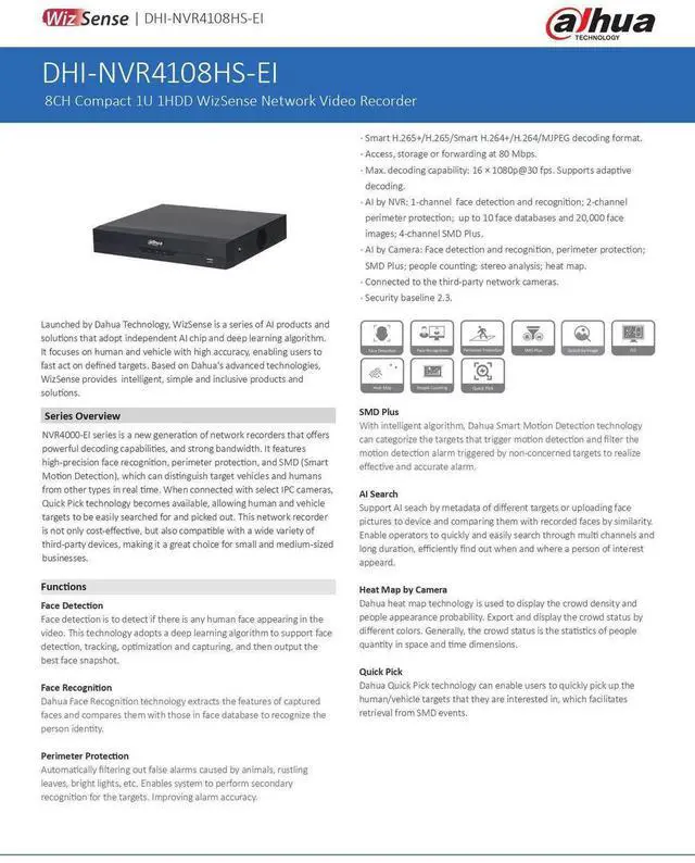 Alt view image 5 of 6 - Dah,ua 8CH WizSense NVR NVR4108HS-EI Quick Pick 16TB SMD Plus 16MP 80 Mbps US