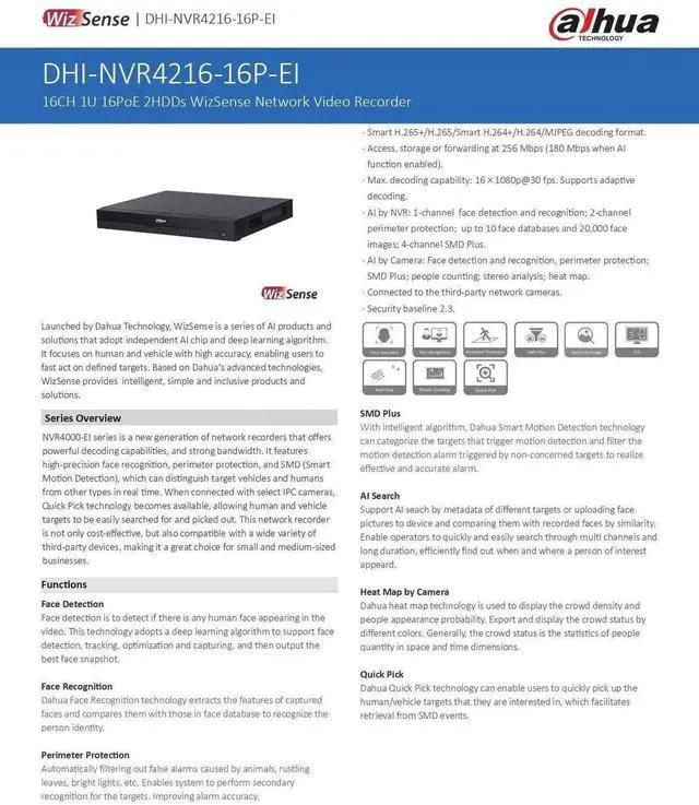 Alt view image 5 of 7 - Dah,ua NVR4216-16P-EI 16MP 16CH 1U 16PoE 2HDDs WizSense Network Video Recorder