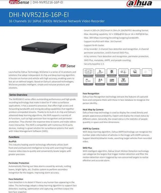 Alt view image 4 of 6 - DAH,UA Video Recorder WizSense NVR5216-16P-EI 16ch 32MP Pro NVR AI Network 16POE