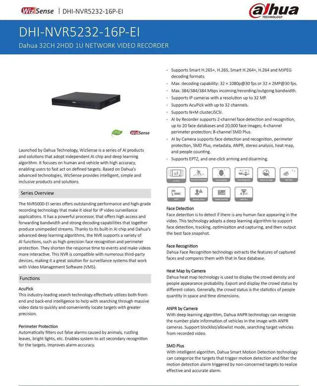 Alt view image 5 of 7 - Dah,ua NVR5232-16P-EI 32CH 16PoE 2SATA 4K H.265+AI 32MP NVR SMD+ Face Recognition