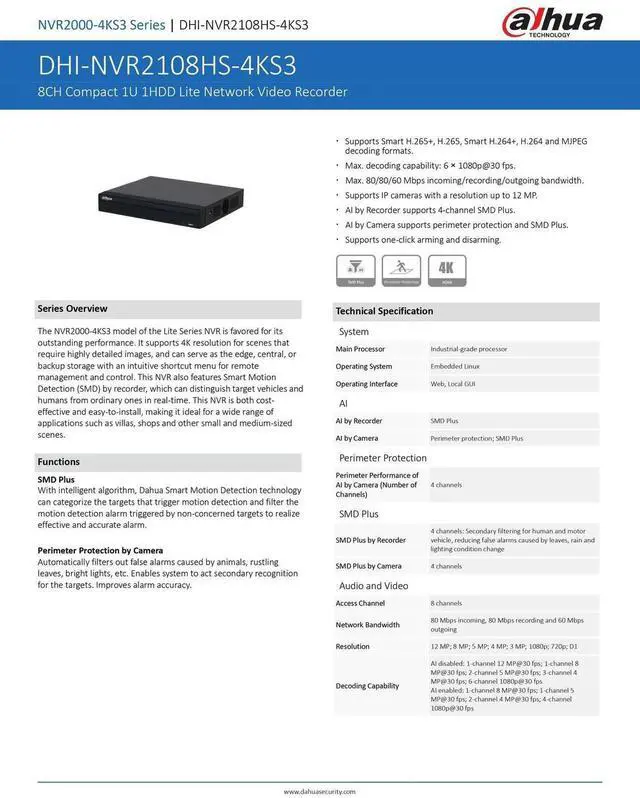 Alt view image 4 of 6 - Dah,ua NVR2108HS-4KS3 8 Channel HD NVR for Security Camera Network Video Recorder