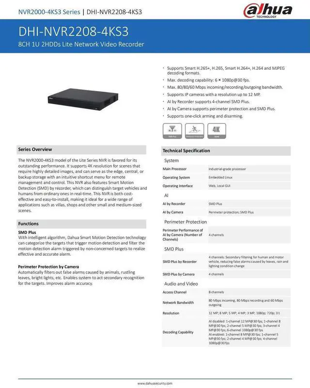Alt view image 4 of 7 - Dah,ua 4K 8CH NO POE NVR SMD Plus 2 SATA Network Video Recorder NVR2208-4KS3