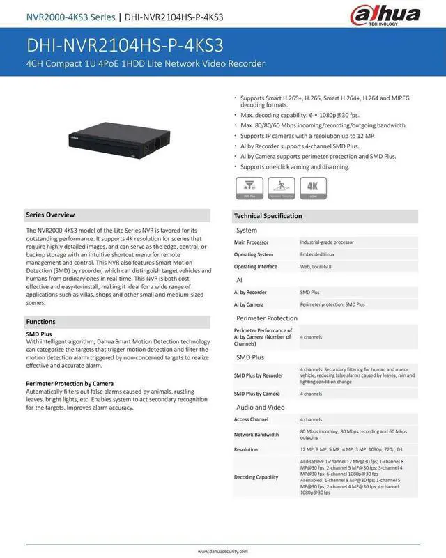 Alt view image 4 of 6 - Dah,ua 4K 4Channels NVR2104HS-P-4KS3 4-PoE 12MP NVR S3 Network Video Recorder US