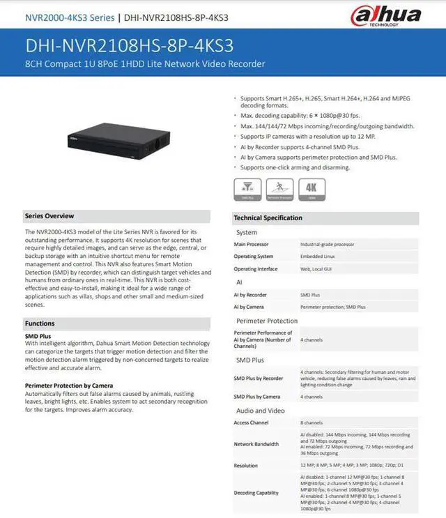 Alt view image 5 of 7 - dah,ua NVR2108HS-8P-4KS3 Original 8CH 8POE 12MP 8MP 4K NVR Network video Recorder