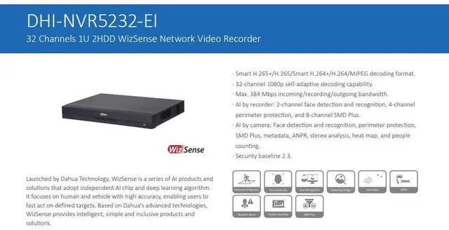 Alt view image 4 of 5 - Dah,ua NVR5232-EI 32ch 32MP 2SATA WizSense AI Network Video Recorder AcuPick ANPR