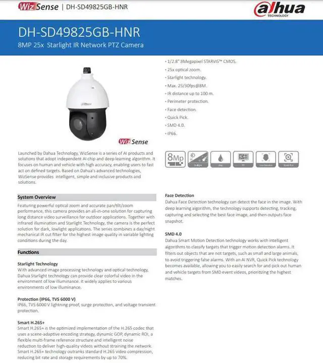 Alt view image 4 of 7 - Auto Tracking DAH,UA OEM SD49825GB-HNR SMD4.0 8MP 4K PTZ WizSense POE IP Camera