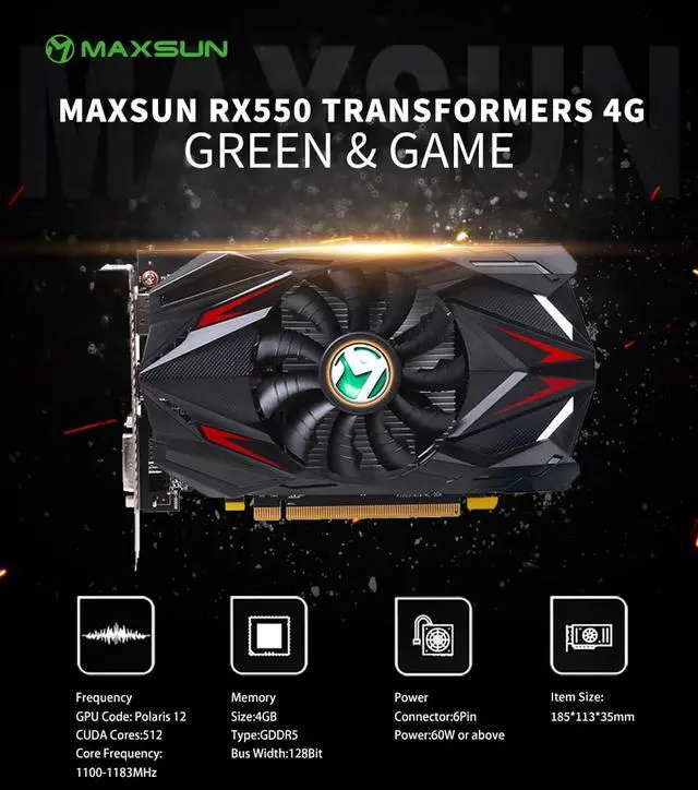 Alt view image 3 of 14 - Maxsun Radeon RX 550 4G Graphic Card GDDR5 GPU Gaming Video Card video For PC New cyclone blade cooling system  9CM large size frost blade fan