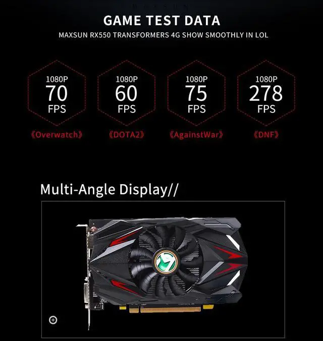 Alt view image 6 of 14 - Maxsun Radeon RX 550 4G Graphic Card GDDR5 GPU Gaming Video Card video For PC New cyclone blade cooling system  9CM large size frost blade fan