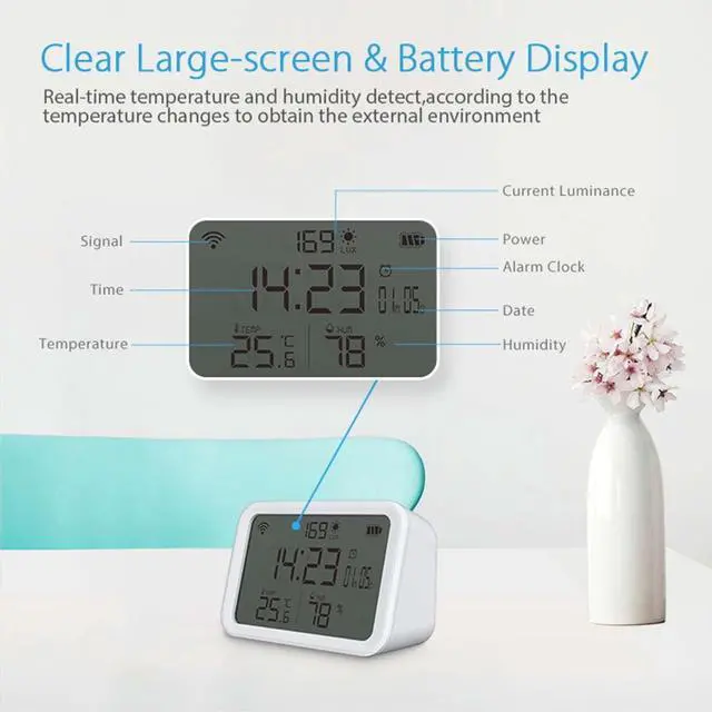 Alt view image 2 of 7 - WiFi Thermometer Hygrometer, Smart Indoor Bluetooth Temperature Humidity Sensor with App Alerts, Temperature Humidity Time & Light Monitoring 4-in-1 Perfect for Greenhouse Home RV Wine Cellar