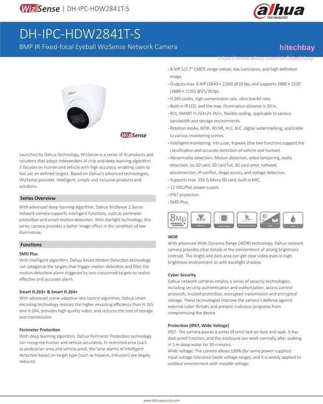 Alt view image 3 of 5 - Dah,ua Starlight IPC-HDW2841T-S 8MP POE IR Eyeball Network IP Camera Wizsense WDR Black 2.8mm
